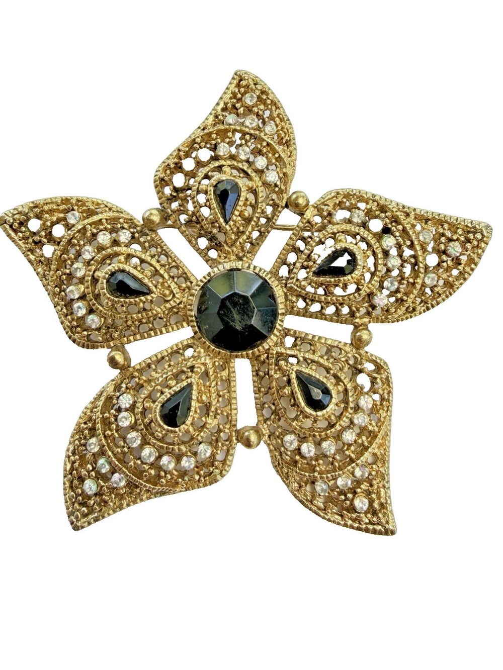 Vintage Gold Filigree Statement Floral Brooch Black Rhinestone Pin 3" 1950's